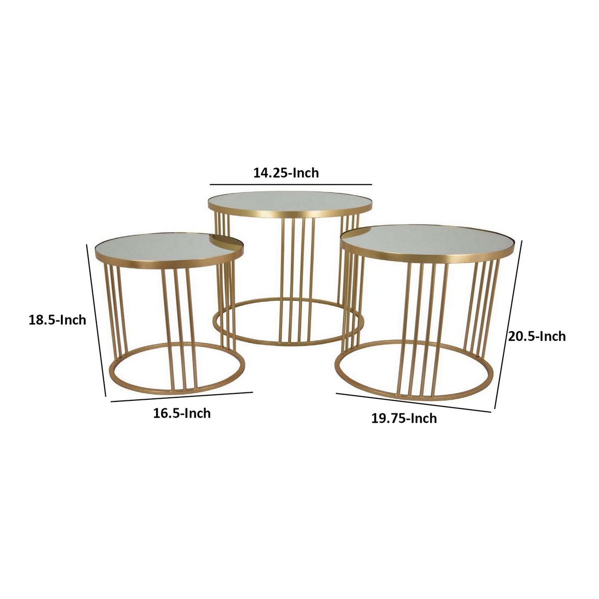 Set of 3 Accent Nesting Tables, Round Mirrored Top, Modern Gold Metal - BM312644