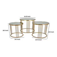 Set of 3 Accent Nesting Tables, Round Mirrored Top, Modern Gold Metal - BM312644