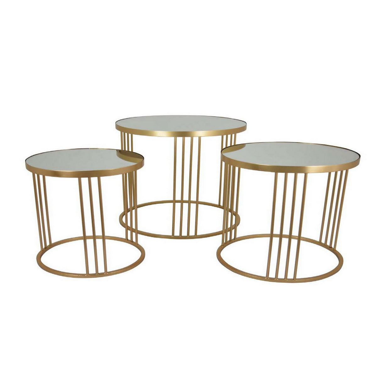 Set of 3 Accent Nesting Tables, Round Mirrored Top, Modern Gold Metal - BM312644