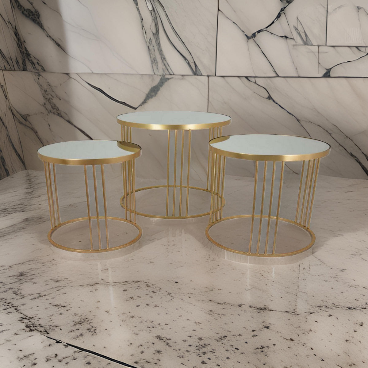 Set of 3 Accent Nesting Tables, Round Mirrored Top, Modern Gold Metal - BM312644