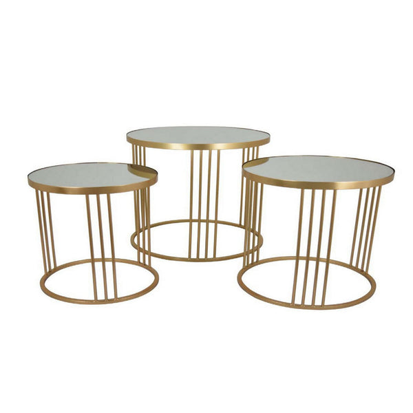Set of 3 Accent Nesting Tables, Round Mirrored Top, Modern Gold Metal - BM312644