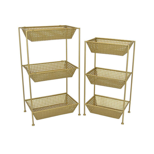 Set of 2 Standing Storage Units, 3 Shelves, Mesh Design, Gold Metal - BM312646