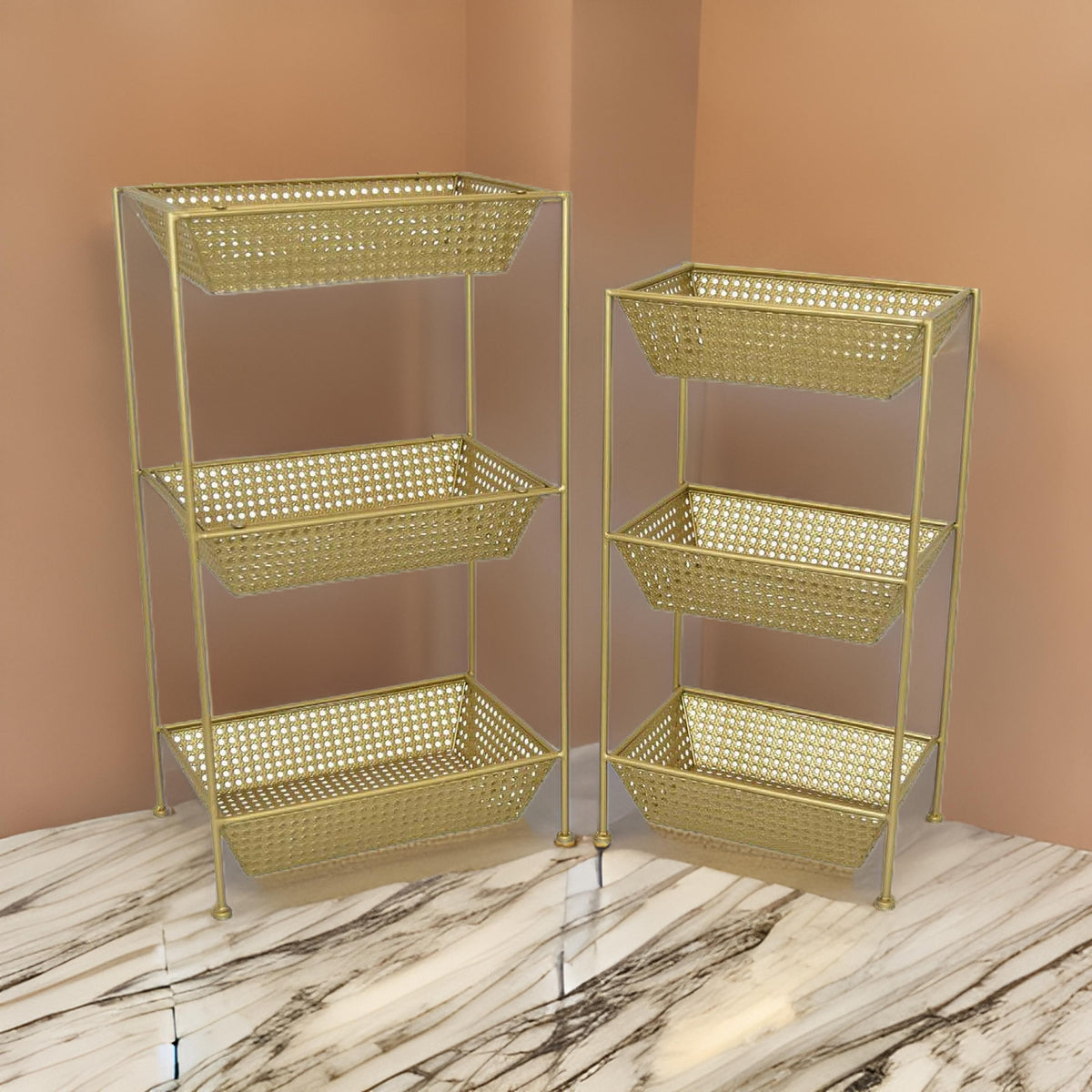 Set of 2 Standing Storage Units, 3 Shelves, Mesh Design, Gold Metal - BM312646