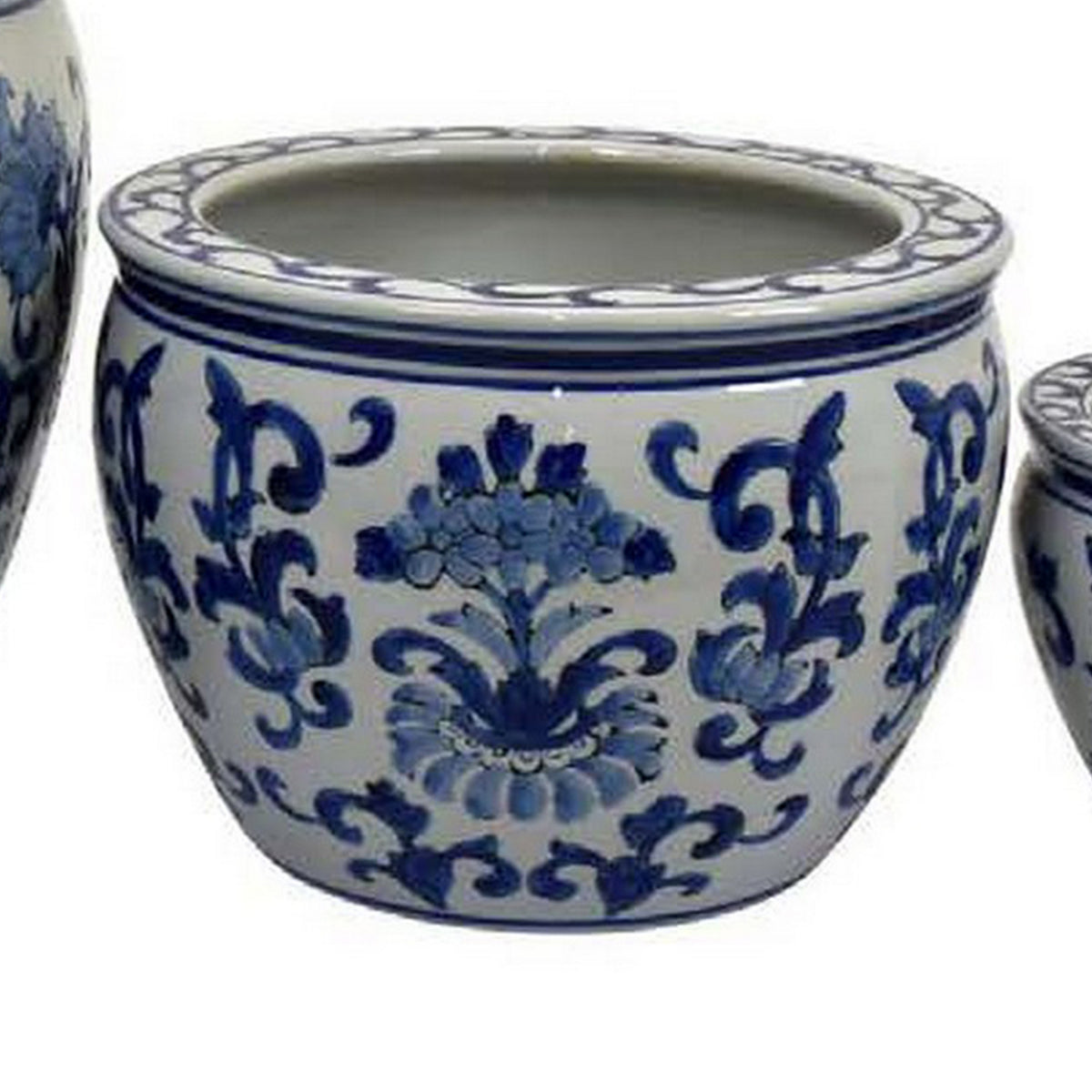 8, 12, 16 Inch Planter Set of 3, White and Blue Printed Design, Ceramic - BM312647