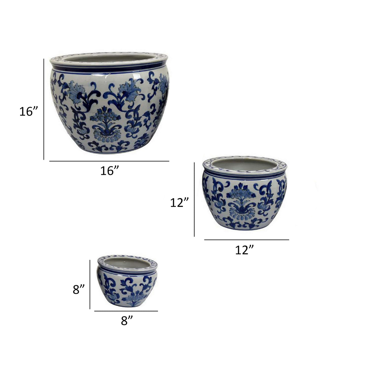 8, 12, 16 Inch Planter Set of 3, White and Blue Printed Design, Ceramic - BM312647