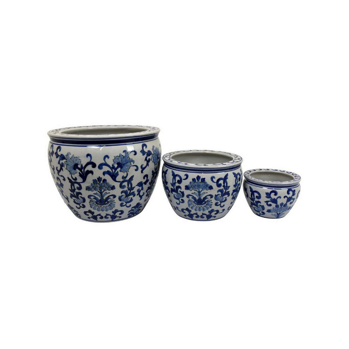 8, 12, 16 Inch Planter Set of 3, White and Blue Printed Design, Ceramic - BM312647