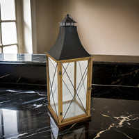 34 Inch Tabletop Decorative Lantern, Wood Frame, Glass Doors, Brown, Black - BM312689