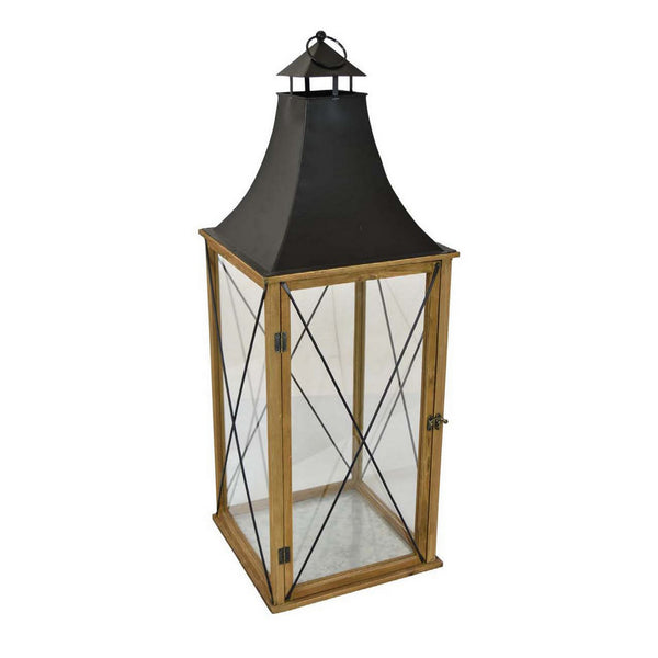 34 Inch Tabletop Decorative Lantern, Wood Frame, Glass Doors, Brown, Black - BM312689