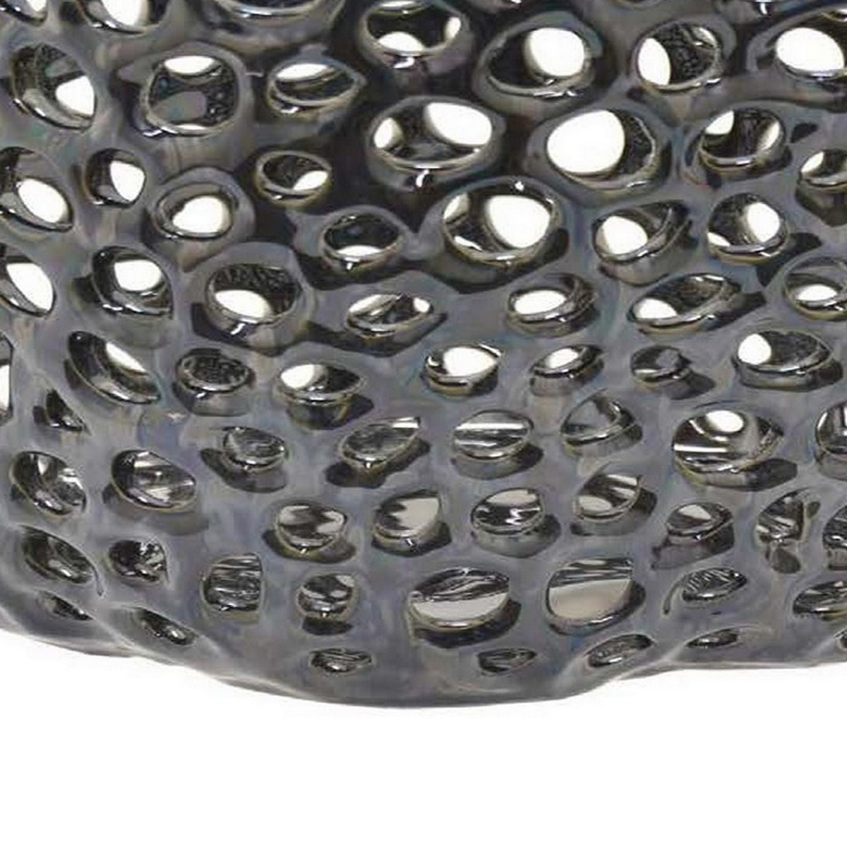 Hina 14 Inch Decorative Bowl, Mesh Design, Wavy Edges, Ceramic Blue Finish - BM312697