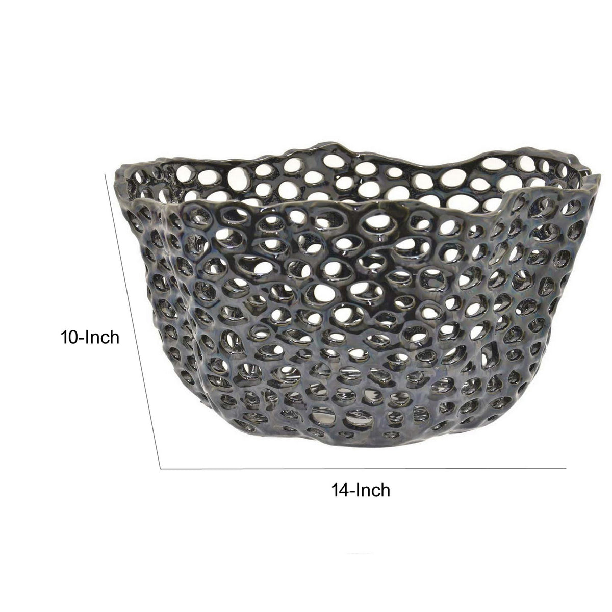 Hina 14 Inch Decorative Bowl, Mesh Design, Wavy Edges, Ceramic Blue Finish - BM312697