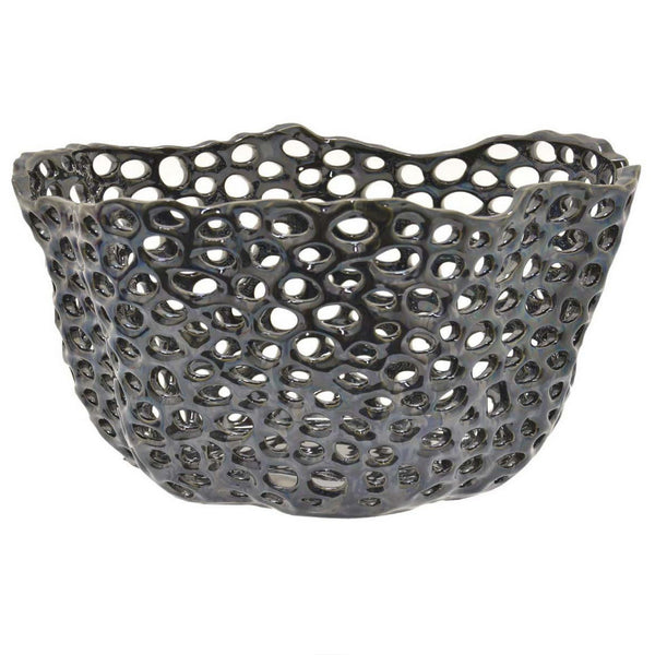 Hina 14 Inch Decorative Bowl, Mesh Design, Wavy Edges, Ceramic Blue Finish - BM312697