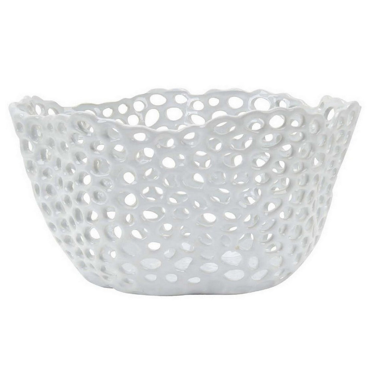 Hina 14 Inch Decorative Bowl, Mesh Design, Wavy Edges, Ceramic White Finish - BM312699