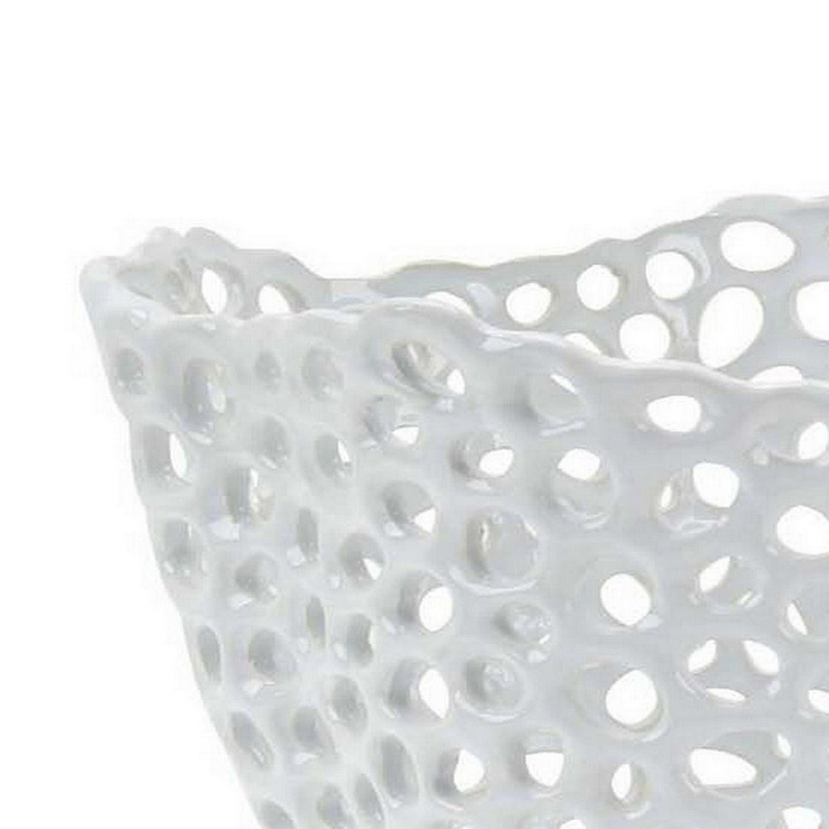 Hina 14 Inch Decorative Bowl, Mesh Design, Wavy Edges, Ceramic White Finish - BM312699