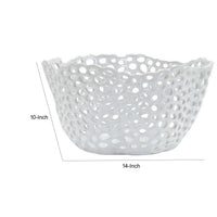 Hina 14 Inch Decorative Bowl, Mesh Design, Wavy Edges, Ceramic White Finish - BM312699