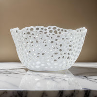 Hina 14 Inch Decorative Bowl, Mesh Design, Wavy Edges, Ceramic White Finish - BM312699