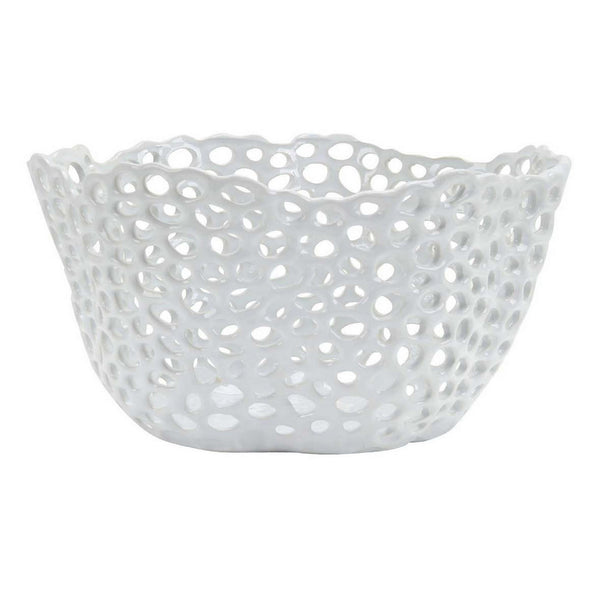 Hina 14 Inch Decorative Bowl, Mesh Design, Wavy Edges, Ceramic White Finish - BM312699