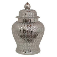 25 Inch Temple Jar, Ceramic Construction, Removable Lid, Silver Finish - BM312702