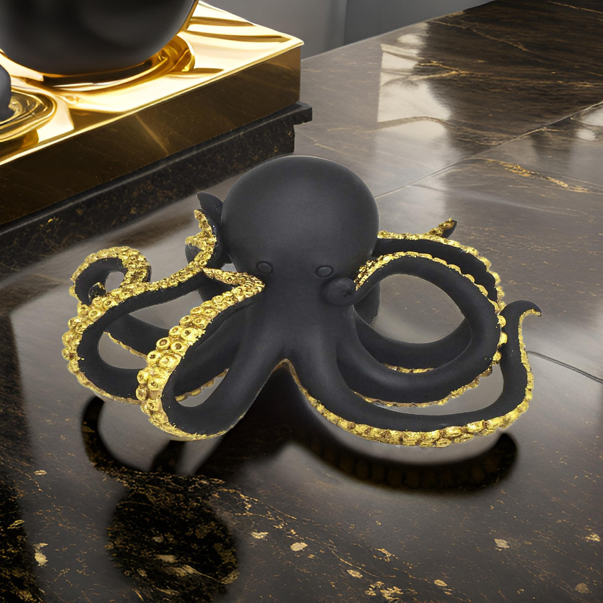 10 Inch Ocean Octopus Animal Figurine Decor, Black, Gold Finish, Resin - BM312714