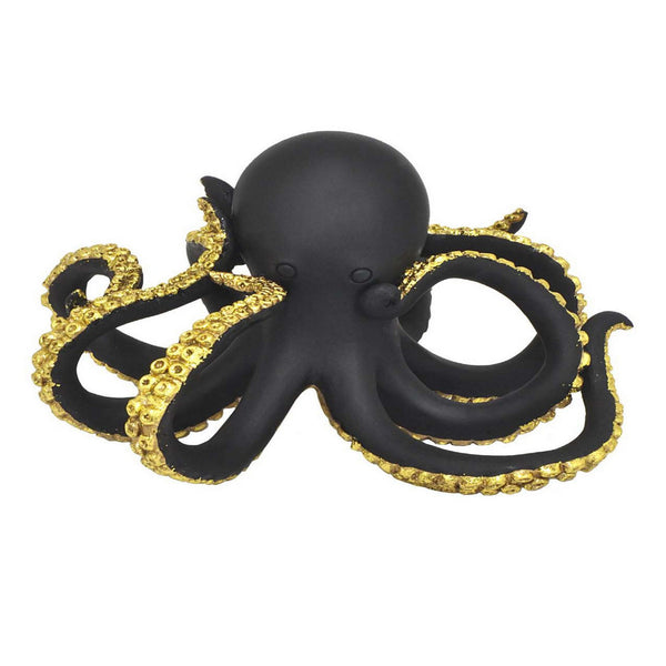 10 Inch Ocean Octopus Animal Figurine Decor, Black, Gold Finish, Resin - BM312714