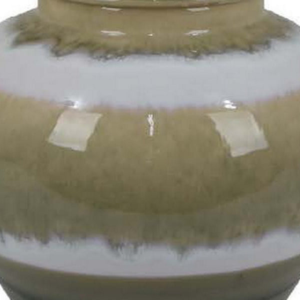 15 Inch Temple Jar with Lid, Ceramic Home Decor, Earth Toned Brown, White - BM312719