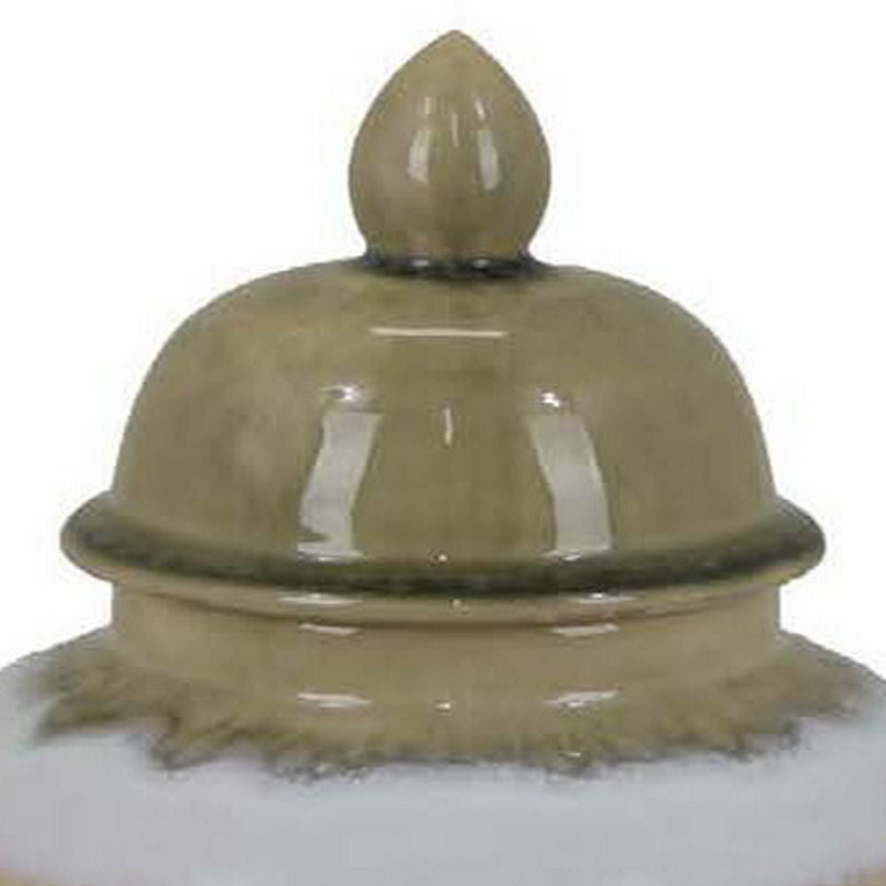 15 Inch Temple Jar with Lid, Ceramic Home Decor, Earth Toned Brown, White - BM312719