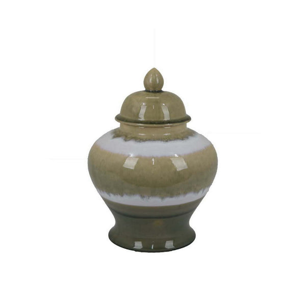 15 Inch Temple Jar with Lid, Ceramic Home Decor, Earth Toned Brown, White - BM312719