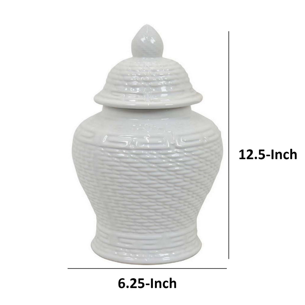 Bryan 13 Inch Temple Ginger Jar with Lid, Pristine White Ceramic Finish - BM312723