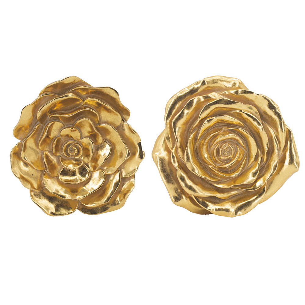 Dazzle 7, 8 Inch Rose Wall Accent, 3 Dimensional, Set of 2, Gold Resin - BM312724