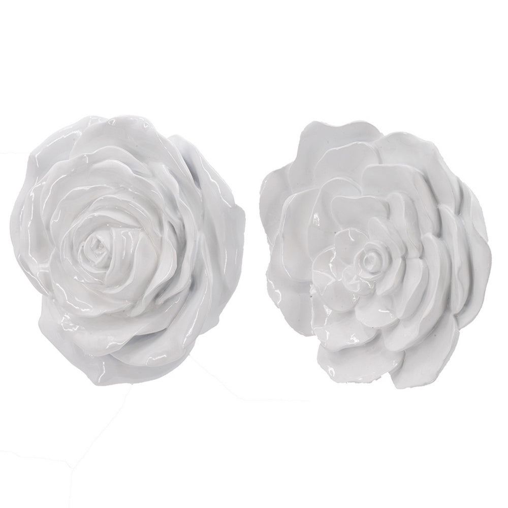 Dazzle 7, 8 Inch Rose Hanging Wall Accent Set of 2, White Resin 3 Dimensional - BM312726