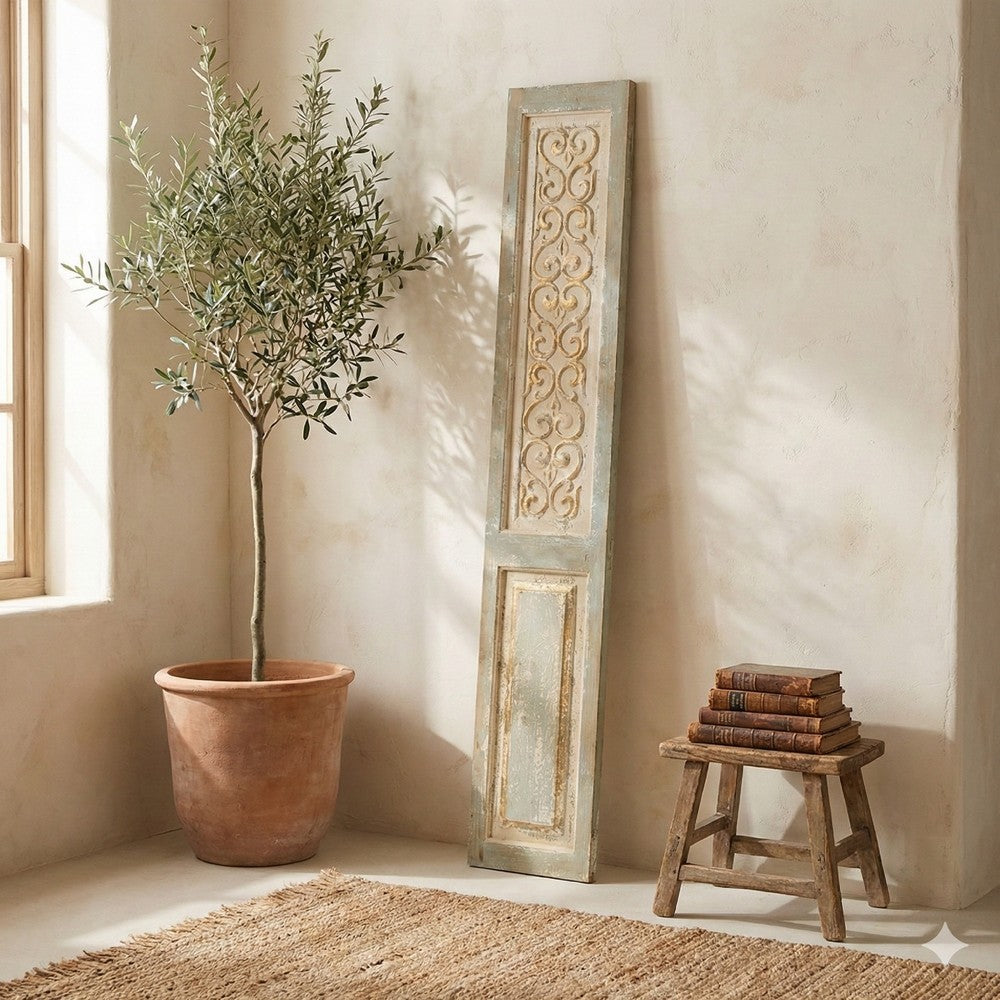 79 Inch Tall Decorative Carved Wood Panel Wall Art, Fir Wood, Beige, Gray - BM312728