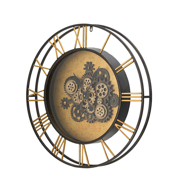 28 Inch Hanging Wall Clock, Round Gear Design, Gold and Black Iron Frame - BM312735