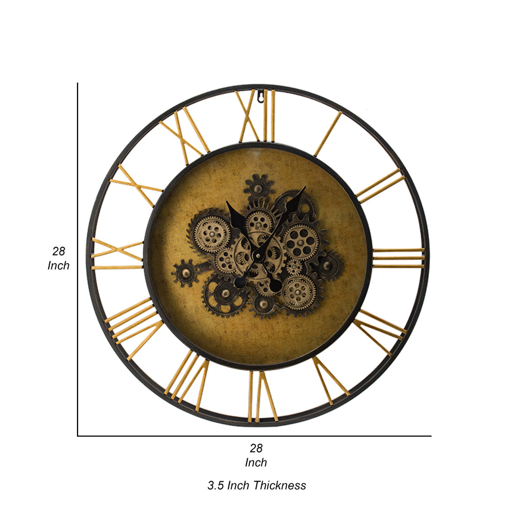 28 Inch Hanging Wall Clock, Round Gear Design, Gold and Black Iron Frame - BM312735