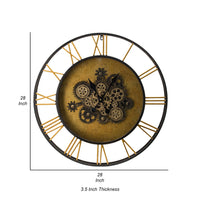 28 Inch Hanging Wall Clock, Round Gear Design, Gold and Black Iron Frame - BM312735