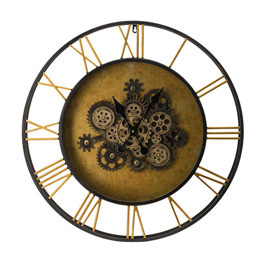 28 Inch Hanging Wall Clock, Round Gear Design, Gold and Black Iron Frame - BM312735