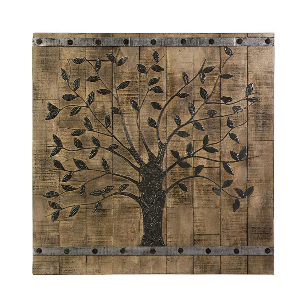 36 Inch Tree Of Life Wall Panel, Square, Mango Wood, Brown and Black - BM312739