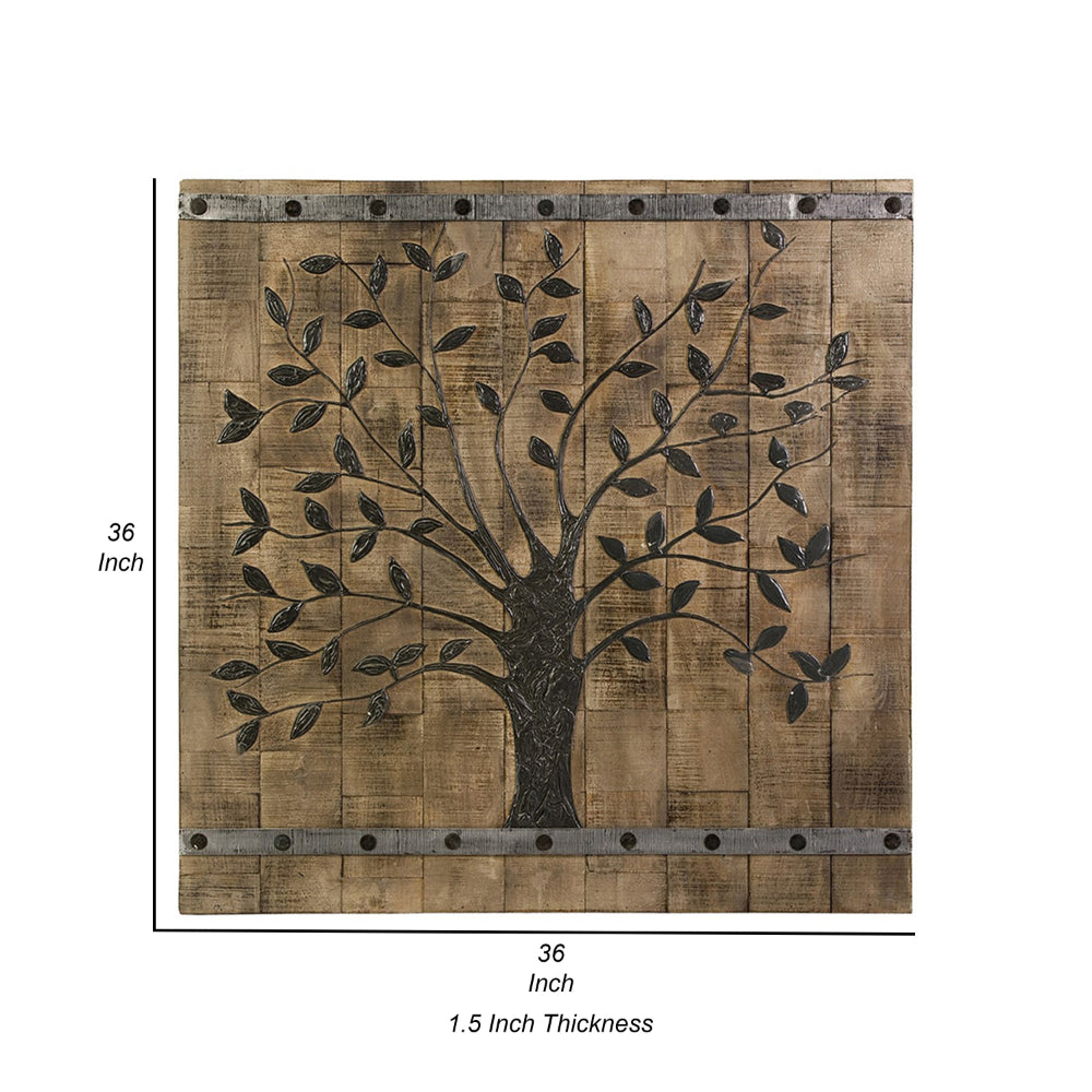 36 Inch Tree Of Life Wall Panel, Square, Mango Wood, Brown and Black - BM312739