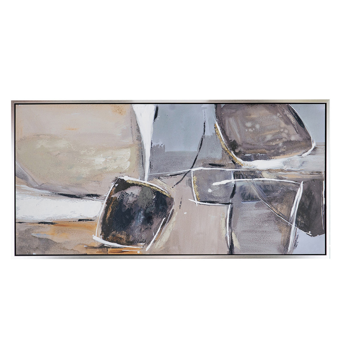 30 x 59  Abstract Oil Painting, Rectanglular Poly Canvas, Wood, Beige, Gray - BM312740