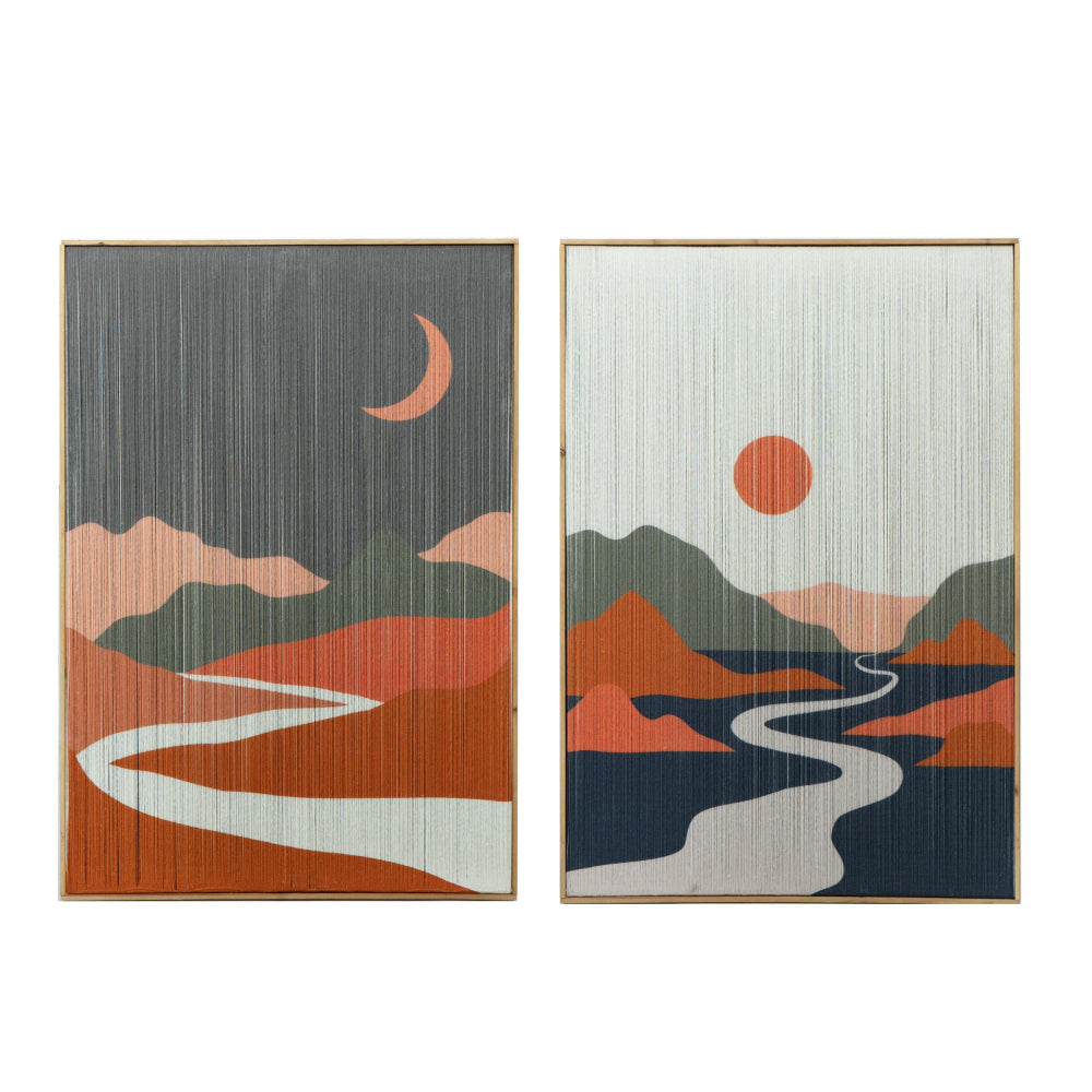 27 x 38 Wall Art Set of 2, Day and Night Design, Fir Wood, Orange, Gray - BM312741