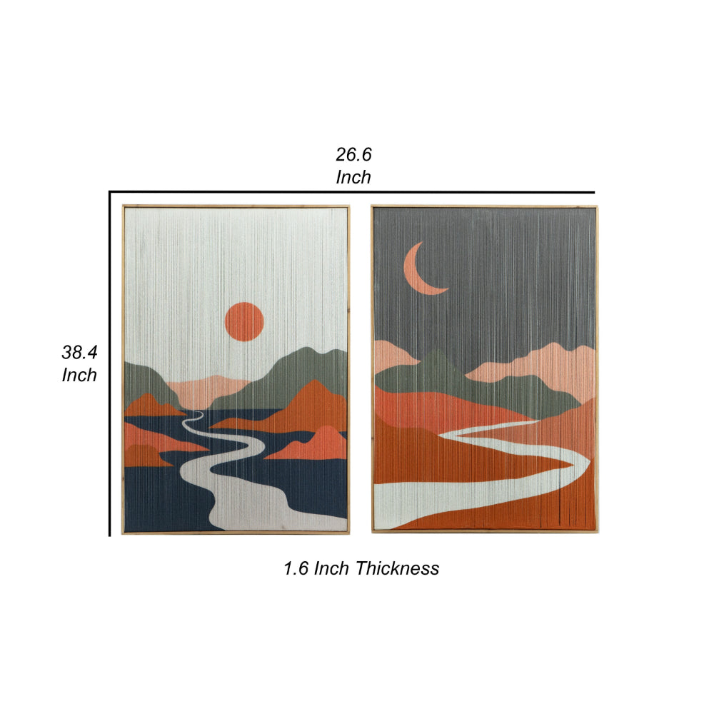 27 x 38 Wall Art Set of 2, Day and Night Design, Fir Wood, Orange, Gray - BM312741