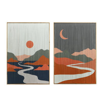 27 x 38 Wall Art Set of 2, Day and Night Design, Fir Wood, Orange, Gray - BM312741