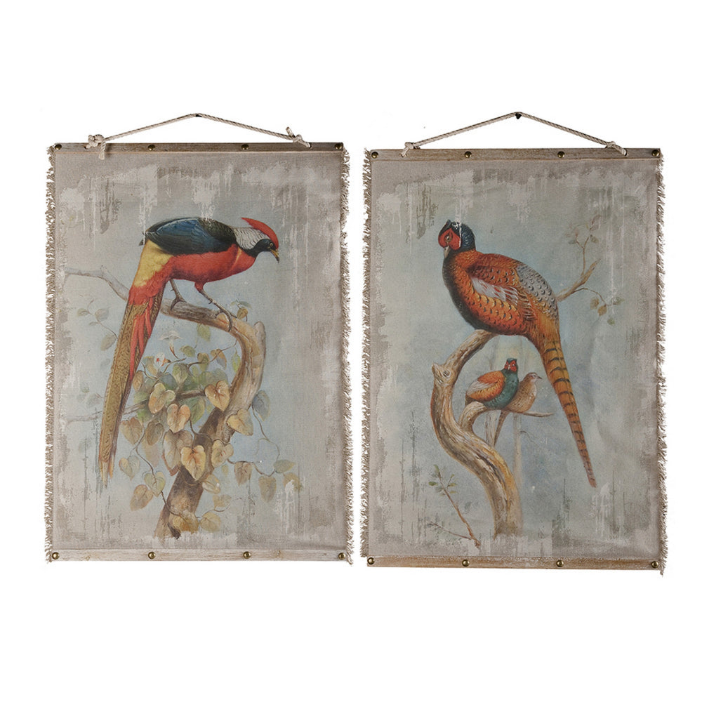 30 x 43 Hanging Wall Art Set of 2, Colorful Birds, Linen, Orange, Blue - BM312742