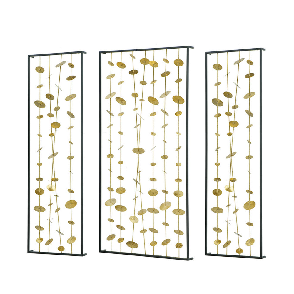 Metal Decorative Wall Art Set of 3, Strings Design, Gold and Black Iron - BM312745