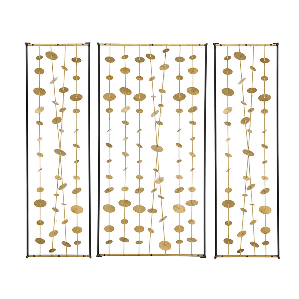 Metal Decorative Wall Art Set of 3, Strings Design, Gold and Black Iron - BM312745