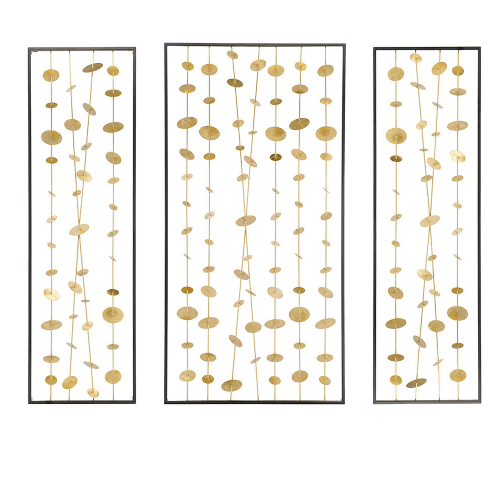 Metal Decorative Wall Art Set of 3, Strings Design, Gold and Black Iron - BM312745