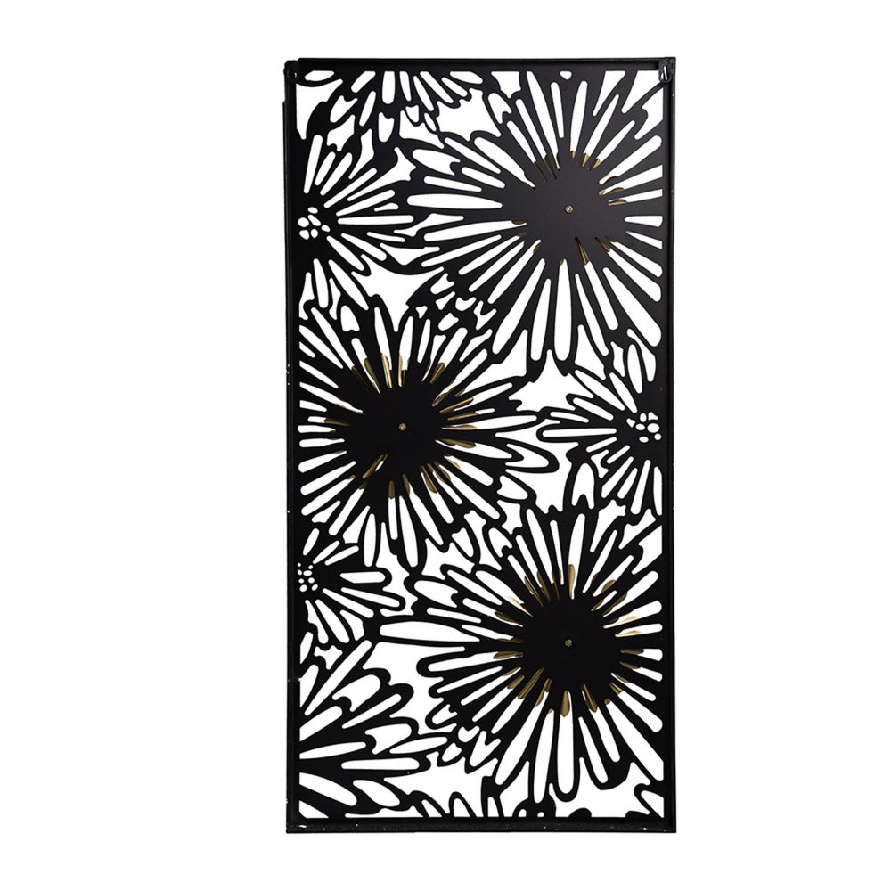 39 Inch Wall Art Decor, Rectangular Flower Bloom Design, Black, Gold Iron - BM312746