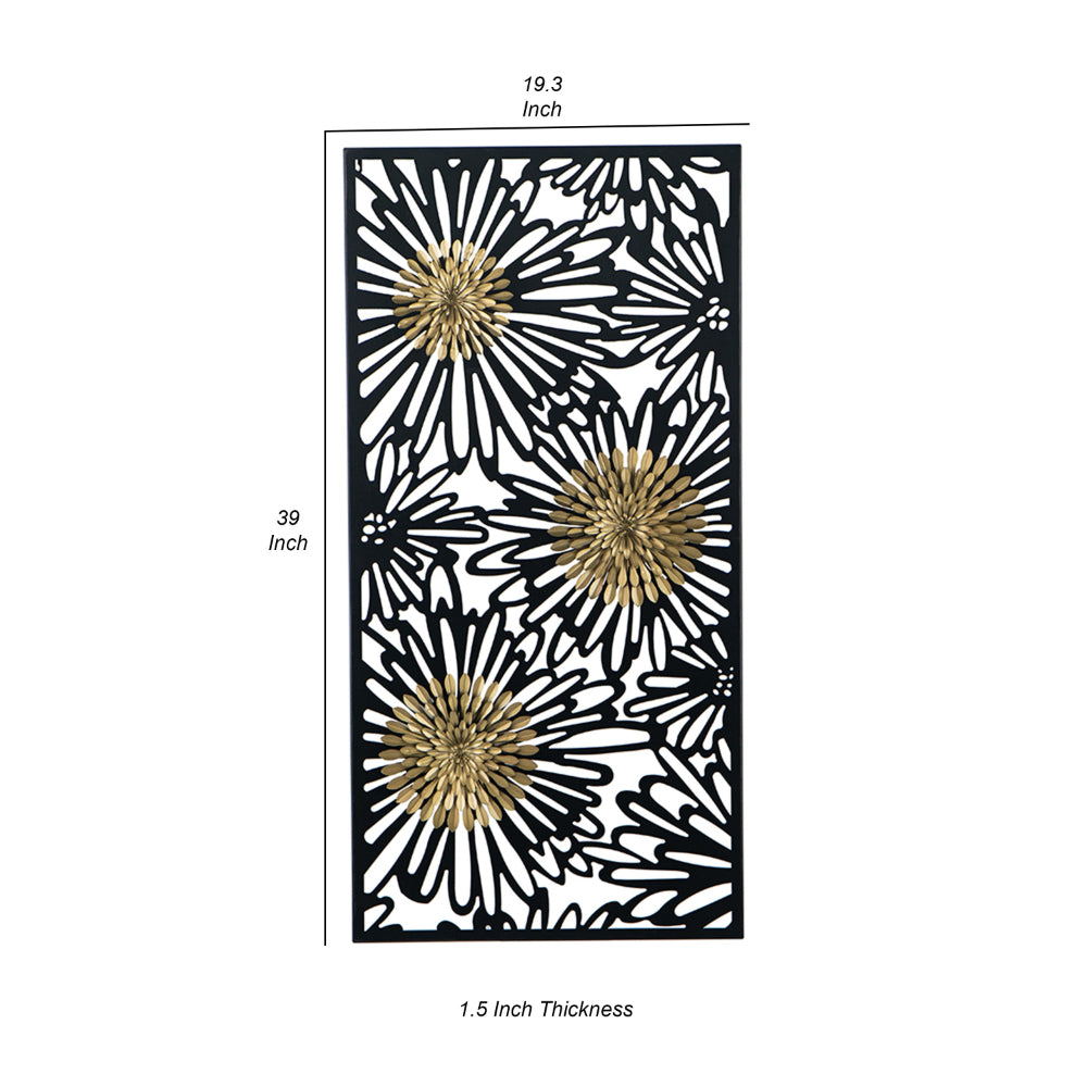 39 Inch Wall Art Decor, Rectangular Flower Bloom Design, Black, Gold Iron - BM312746