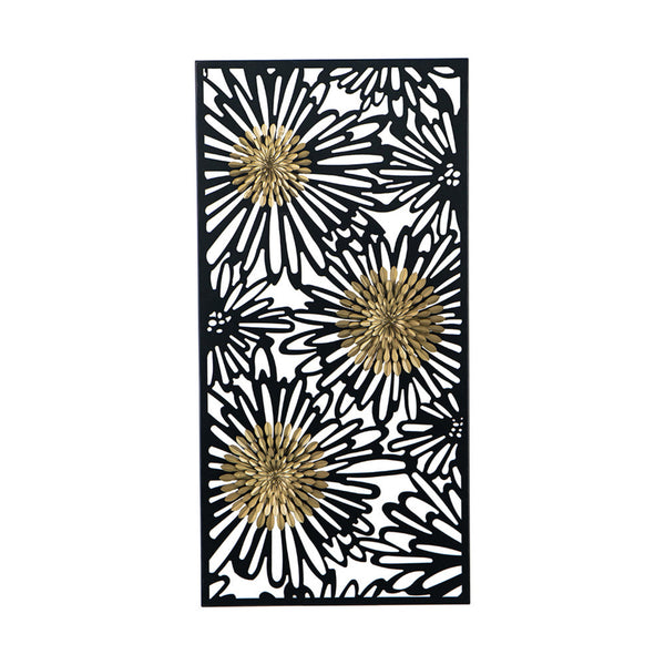 39 Inch Wall Art Decor, Rectangular Flower Bloom Design, Black, Gold Iron - BM312746