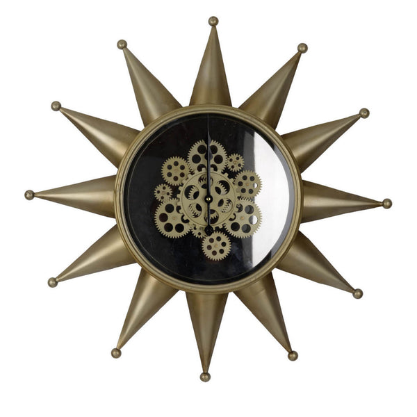 28 Inch Hanging Wall Clock, Sunlike Star Gear Design, Iron, Gold and Black - BM312747