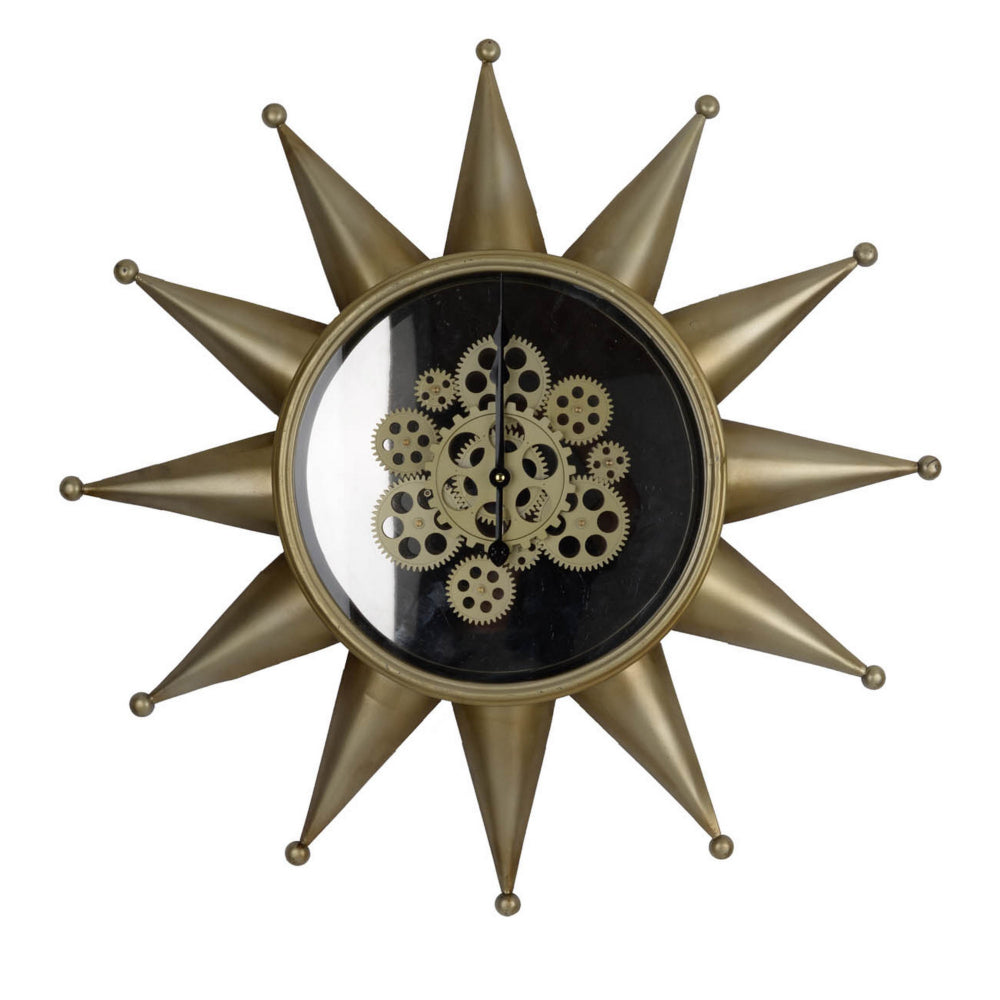 28 Inch Hanging Wall Clock, Sunlike Star Gear Design, Iron, Gold and Black - BM312747