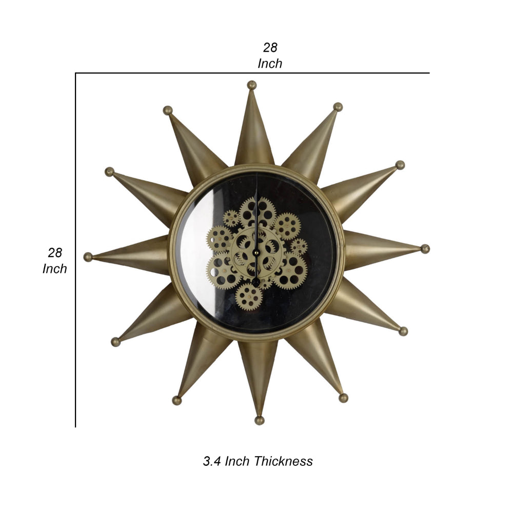 28 Inch Hanging Wall Clock, Sunlike Star Gear Design, Iron, Gold and Black - BM312747